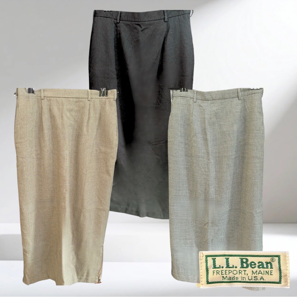 L.L. Bean Vintage Women’s Wool Skirts houndstooth brown/gray, plain black sz 10